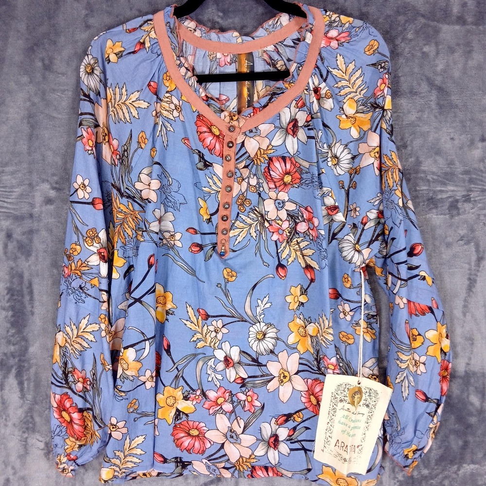 Aratta Silent Journey Blouse Womens Medium Blue‎ Floral Boho Cottagecore NWOT